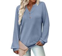 Chemise boutonnée grande taille à manches longues et col en V pour femme, coupe ample, décontracté, printemps automne, haut uni, confortable, extensible, Gris/bleu, Taille L