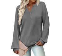 Chemise boutonnée grande taille à manches longues et col en V pour femme, coupe ample, décontracté, printemps automne, haut uni, confortable, extensible, gris, Taille XL
