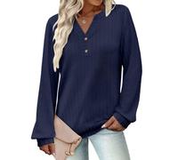 Chemise boutonnée grande taille à manches longues et col en V pour femme, coupe ample, décontracté, printemps automne, haut uni, confortable, extensible, bleu marine, Taille S