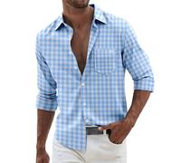 Chemise boutonnée vichy pour homme - Style robe à manches longues, ambiance décontractée, motif patchwork à carreaux, avec deux poches, bleu ciel, S