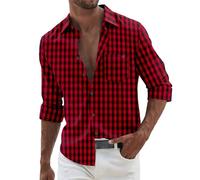 Chemise boutonnée vichy pour homme - Style robe à manches longues, ambiance décontractée, motif patchwork à carreaux, avec deux poches, Rouge, 3XL