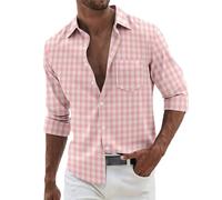 Chemise boutonnée vichy pour homme - Style robe à manches longues, ambiance décontractée, motif patchwork à carreaux, avec deux poches, rose, L