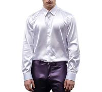 Chemise brillante à manches longues en satin brillant sans plis avec col à revers, chemise habillée ajustée pour fête discothèque, smoking tendance en satin, blanc, XL