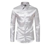 Chemise Brillante Hommes Grande Taille, Blouse Homme Col Revers Satin Couleurs Pures pour Fête Discothèque Bal Cosplay Carnaval Top Long-Sleeves Mode Tendance Chic Magnifique Slim Fit Haut Tunique
