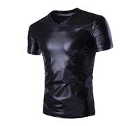 Chemise brillante pour homme - T-shirt de sport métallique à manches courtes - Col en V - Costume de carnaval - Chemise argentée des années 70 et 80 - Pour fête disco et festival, Noir , M