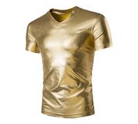 Chemise brillante pour homme - T-shirt de sport métallique à manches courtes - Col en V - Costume de carnaval - Chemise argentée des années 70 et 80 - Pour fête disco et festival, or, M