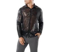 Chemise brillante pour hommes, paillettes à manches longues 70s 80s chemise de robe disco, bouton rétro t-shirt de danse scintillante, maille transparente en maille avant pour la boîte nuit la fêtee
