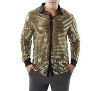 Chemise brillante pour hommes, paillettes à manches longues 70s 80s chemise de robe disco, bouton rétro t-shirt de danse scintillante, maille transparente en maille avant pour la boîte nuit la fêtee