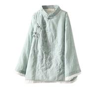 Chemise brodée en lin boutonnée pour femme - Vêtement zen chinois - Coupe ample - Col rond contrasté - T-shirt d'été pour femme, vert, M