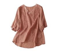 Chemise Brodés Femme Lin 3/4 Manches Col en V Tee Shirts avec Poche Imprimée À Motifs Floraux pour Les Chic T-Shirt Blouses Femmes Casual Élégant Rétro Tops Tunique Grande Taille Respirant
