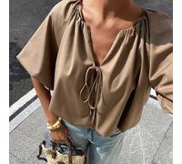 Chemise cache-maillot bohème décontractée à manches chauve-souris et nœud devant en mousseline de soie, élégante pour le bureau/les déplacements à manches courtes pour femmes, printemps et été L,M,SUn