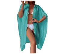 Chemise Cache Maillot de Bain pour Femme | Col V Manches Courtes À Boutons Lin Oversizé Cover Up| Couverture Bikini Été Plage
