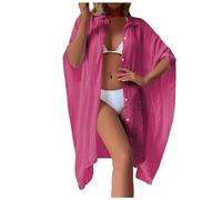 Chemise Cache Maillot de Bain pour Femme | Col V Manches Courtes À Boutons Lin Oversizé Cover Up| Couverture Bikini Été Plage
