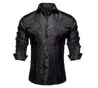 Chemise cachemire à manches longues en satin pour homme - Motif floral - Jacquard - Broderie - Chemise d'affaires - Chemise de loisirs pour mariage, fête, bal de fin d'année, coupe droite, Noir , S