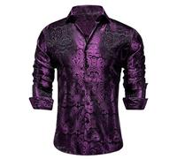 Chemise cachemire à manches longues en satin pour homme - Motif floral - Jacquard - Broderie - Chemise d'affaires - Chemise de loisirs pour mariage, fête, bal de fin d'année, coupe droite, lilas, L