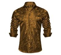 Chemise cachemire à manches longues en satin pour homme - Motif floral - Jacquard - Broderie - Chemise d'affaires - Chemise de loisirs pour mariage, fête, bal de fin d'année, coupe droite, or, 5XL