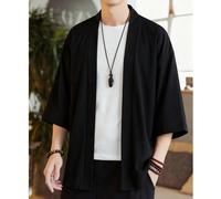 Chemise cardigan style kimono décontractée pour hommes, 100% polyester, tissu léger respirant et fluide, coupe ample, couleur unie polyvalente à une seule couche, esthétique décontractée | Tissu fluid