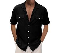 Chemise cargo à manches courtes pour homme avec deux poches - Couleur unie - Haut de travail boutonné - Vêtements d'extérieur, Z02 - Noir, XL