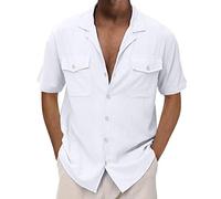 Chemise cargo à manches courtes pour homme avec deux poches - Couleur unie - Haut de travail boutonné - Vêtements d'extérieur, Z02 - Blanc, XL