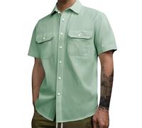 Chemise cargo à manches courtes pour homme avec deux poches - Couleur unie - Haut de travail boutonné - Vêtements d'extérieur, Vert, XL