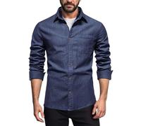 Chemise cargo en jean pour homme avec poche à manches longues boutonnée - Style vintage - Coupe ajustée - Tendance - Pour les vacances, bleu marine, XXL