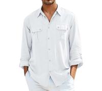 Chemise cargo en lin pour homme avec plusieurs poches, manches longues, boutonnée, pour l'été, le travail en plein air, blanc, 3XL