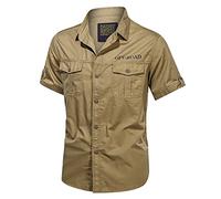 Chemise Cargo Homme d'été à Manches Courtes avec 2 Poches, Couleur Unie Slim Fit avec Boutons Décontracté T-Shirt Regular Fit Grande Taille