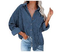 Chemise chemisier en velours côtelé pour femme - Chemise en velours côtelé - Col en V - Chemise en velours côtelé - Manches longues - Veste en velours côtelé - Col en V - Manches longues, bleu, M