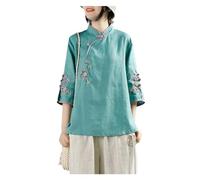 Chemise chinoise brodée Hanfu vintage en coton et lin de style chinois traditionnel avec col boutonné - Bleu-XXL