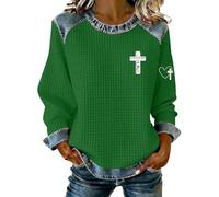 Chemise chrétienne pour femmes, grande taille, gaufré, manches longues, décontracté, foi, croix, imprimé, bloc de couleur, pull ample pour sortir, Vert, L