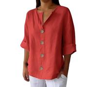 Chemise Col Mao Femme Coton Lin- Blouse Ete Manches 3/4 Grande Taille Décontracté Couleur Unie Coupe Ample avec Boutons Confortable Passe-Partout Chic Et Élégants De Tous Les Jours Haut