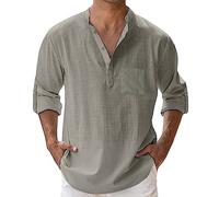 Chemise Col Mao Homme Coton, Chemise Homme Manches Longues Couleur Unie DéContractéE avec Bouton Haut ÉTé Leger Baggy Chic Tee Shirt Comfortable Blouse Simple Top Respirante Tunique De Plage