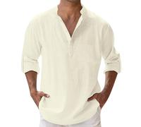 Chemise Col Mao Homme Grande Taille, T-Shirt Homme à Manches Longues,Top Ete Homme Ample Pullover Couleur Unie Hauts Classique Légère Respirante Blouse Col V Boutons Simple Base Confortable Chemises