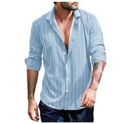 Chemise Col Mao Hommes Printemps Eté Rayé Casual LâChe Chemises Manches Longues Chemisier Chemises pour Moi (Light Blue, M)