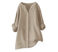 Chemise Coton Et Lin Femme Décontracté Chemise Femme Haut Été Chic Et Élégant Lin T-Shirt Col V Bouton Manches Longues Chemisier Tunique Tops Unicolore Respirant T-Shirts Grande Taille Blouse