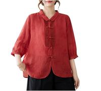 Chemise Coton Lin pour Femmes Chinois Traditionnel Costume Folklore Vintage Broderie Top Hauts Lâche Respirant T-Shirts Pas Cher Tunique Blouse Mode Tops Haut Femme Chic et Elegant Vêtements Casual