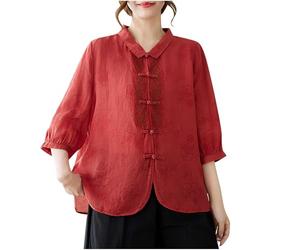 Chemise Coton Lin pour Femmes Chinois Traditionnel Costume Folklore Vintage Broderie Top Hauts Lâche Respirant T-Shirts Pas Cher Tunique Blouse Mode Tops Haut Femme Chic et Elegant Vêtements Casual