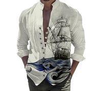 Chemise Couleur Dégradée Manches Longues Et Col V Pour Homme Chemisette Imprimés Rétro Décontractée Hauts En Coton Ajustée Boutons Été Et Automne Vestes légère T shirts En Du Métier Tisser Shirts (XL)
