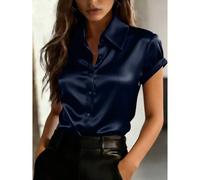 Chemise courte à col en satin pour femmes, fermeture par boutons devant, blouse habillée ajustée pour l'été L,M,S,XLUnicoloreTissu tissé