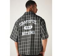 Chemise courte à manches courtes à carreaux, coupe boxy, avec imprimé graphique varsity au dos, col évasé, boutonnage devant, style de rue d'été L,M,S,XL,XSCarreauTissu tissé