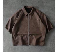 Chemise courte boxy zippée en PU texturé marron foncé pour hommes, coupe ample et décontractée, poche poitrine, automne, style rétro décontracté pour city break L,M,S,XLUnicolorePolyuréthane