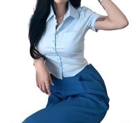 Chemise courte décontractée de style coréen pour femme, chemisier d'été à manches courtes pour un confort quotidien (S, bleu)