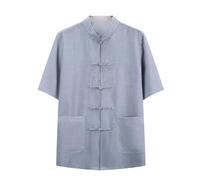Chemise courte manches courtes en coton et lin pour Kung Fu - Haut traditionnel chinois pour arts martiaux masculins, vêtement d'exercice matinal pour Tai Chi XXL