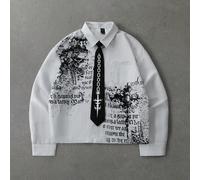 Chemise courte rayée gothique Y2K avec cravate épée à chaîne, imprimé lettres vintage, blouse à manches longues L,M,S,XL,XXLgraphique,LettresPolyester