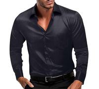Chemise d'affaires à manches longues pour homme, infroissable, extensible, couleur unie, boutonnière, en satin, pour mariage, fête, mariage, avec nœud papillon assorti, manches longues, Noir , L
