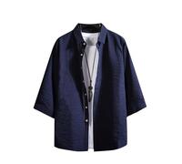 Chemise d'affaires boutonnée pour homme - Couleur unie - Chemise à manches courtes en coton et lin - Chemise à manches sept minutes - Chemise ample grande taille - Chemise et col noirs, bleu, 7XL