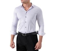 Chemise d'affaires élastique pour homme - Motif rayé tendance - Manches longues - Revers - Chemise extensible - Sans plis - Pour homme - Style classique - Pour le quotidien - Tailles XS à 3XL, Blanc