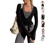 Chemise de ballet à nouer sur le devant pour femme, haut cache-cœur à manches longues et col en V, coupe ajustée, chemisier d'entraînement croisé, Noir , L
