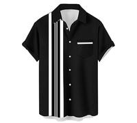 Chemise de bowling pour homme, style hawaïen des années 1950, vintage, boutonnée, à manches courtes, pour l'été, les vacances, la plage, Rayures noires et blanches., Taille M