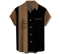 Chemise de bowling rétro années 1950 pour homme, style rockabilly, manches courtes, boutonnée, style hawaïen, Guitare marron noir, Taille XL